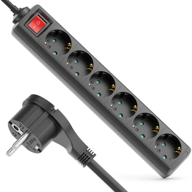 deleyCON deleyCON 6 Fach Steckdosenleiste mit Flachstecker & EIN/AUS Schalter, Schwarz – Bild 1