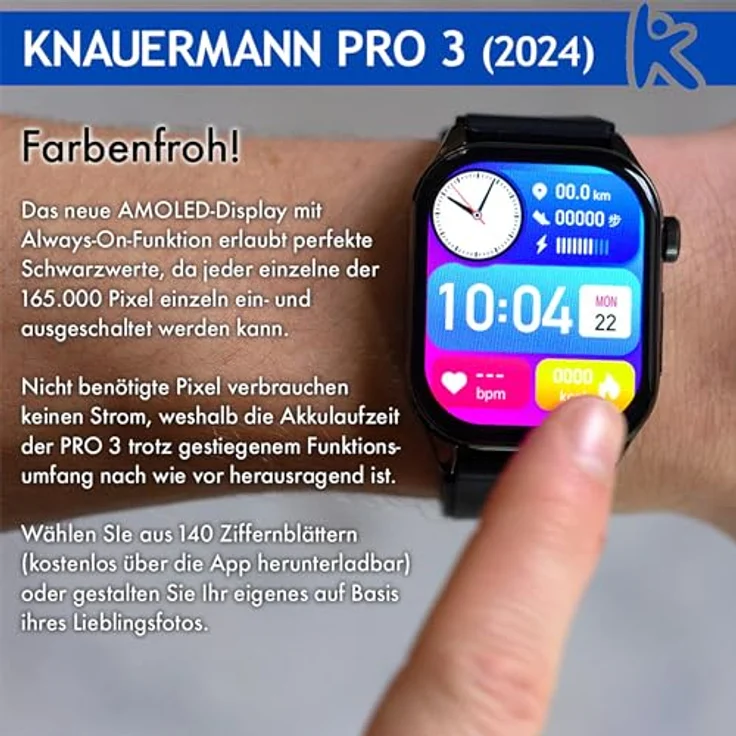 Knauermann PRO 3 (2024) Schwarz - Gesundheitsuhr Smartwatch mit Telefoniefunktion - EKG + HRV und SOS Funktion - AMOLED Display- BT Bluetooth - Schlafapnoe - Blutdruck - Edition 1, 14-24 – Bild 4