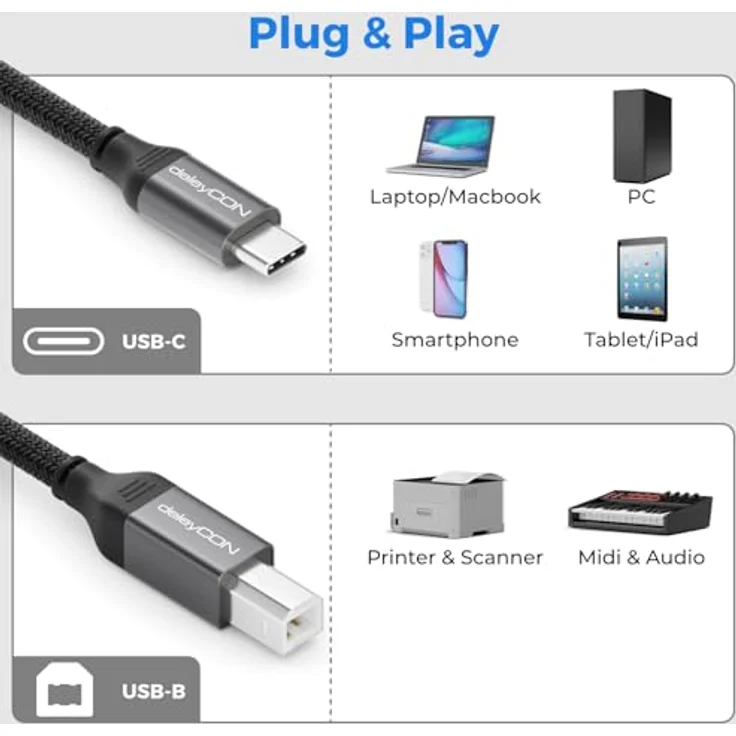 deleyCON 2m USB C Druckerkabel, geflochtenes USB-C auf USB-B Kabel mit Metallsteckern, hohe Haltbarkeit, ideal für Drucker und Scanner, kompatibel mit iPhone, MacBook, HP, Samsung, Canon, Brother – Bild 2