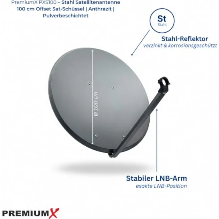 Premium X PXS100 Satellitenschüssel 100 cm, anthrazit, Stahl mit LNB-Tragarm und Masthalterung, für UltraHD 4K Empfang – Bild 2