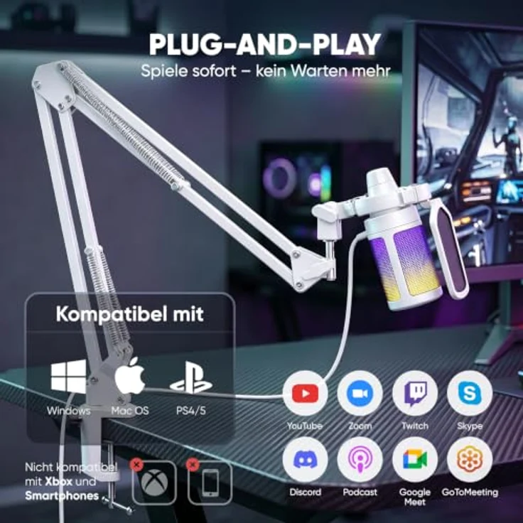 FIFINE USB Mikrofon mit Arm, Typ A/C, Weiß, für MAC PS4 PS5, mit Stummschalttaste, Popfilter, Shock Mount, ideal für Streaming und Podcasts – Bild 5