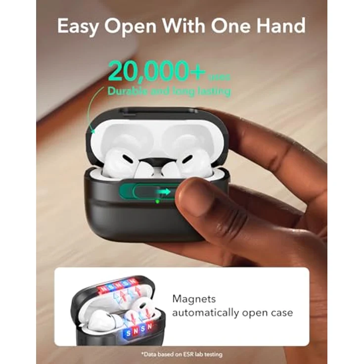 ESR AirPods Pro Hülle Pulse Serie mit HaloLock, MagSafe Ready, Magnetische Deckelverriegelung, Sturzschutz mit Trageband, Schwarz – Bild 5