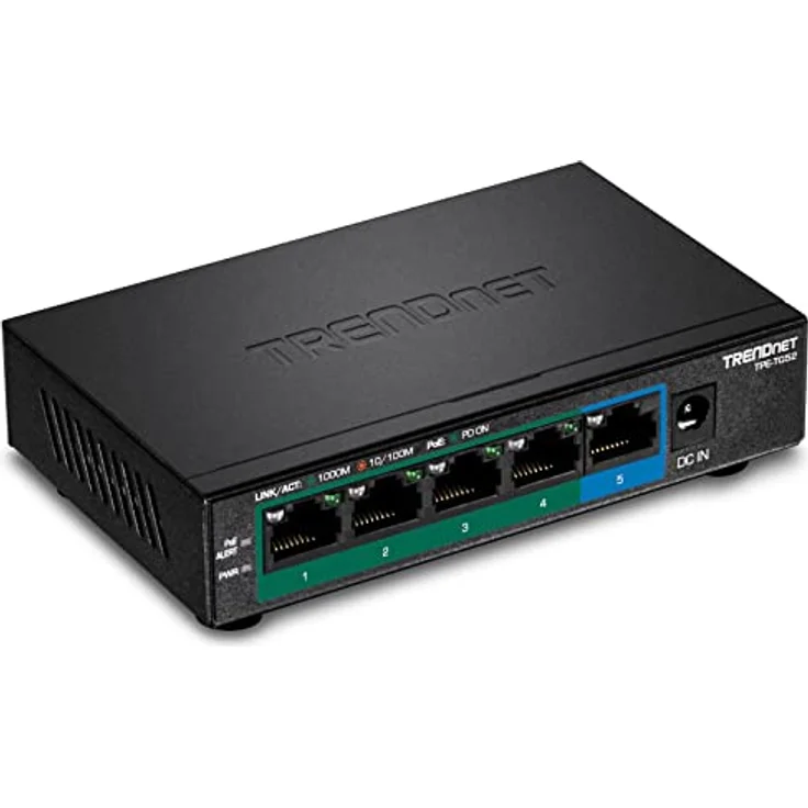 TRENDnet TPE-TG52 5-Port-Gigabit-PoE+-Switch, 32 W PoE-Leistungsbudget, 10 Gbit/s Schaltkapazität, IEEE 802.1p QoS, DSCP-Pass-Through-Unterstützung, Lüfterlos, Wandmontage, Schwarz – Bild 1