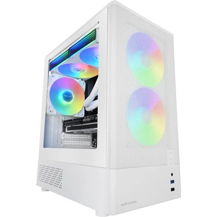 Mars Gaming MC-Onyx, MicroATX Gaming-Gehäuse mit Metall-Mesh-Front, gehärtetem Glas-Seitenfenster, 3 ARGB Lüftern und Flüssigkeitskühlung bis 240mm, Weiß – Bild 1