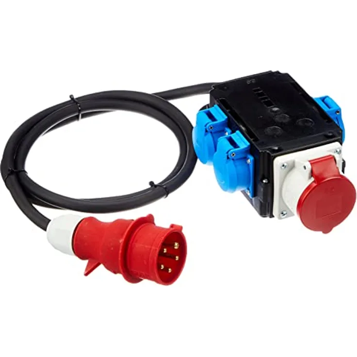 as - Schwabe MIXO Adapter/Stromverteiler ENZ Stecker mit 2 m Gummischlauchleitung 1 x CEE und 3 x Schutzkontakt Steckdosen – Baustellen Starkstrom-Verteiler – IP44 – Made in EU I 61520, schwarz