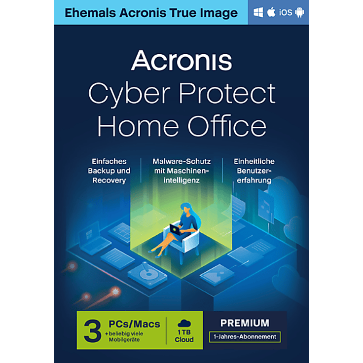 ACRONIS True Image Premium Abonnement für 3 Computer + 1 TB Cloud-Speicher, ganzjährig, Antivirenprogramm