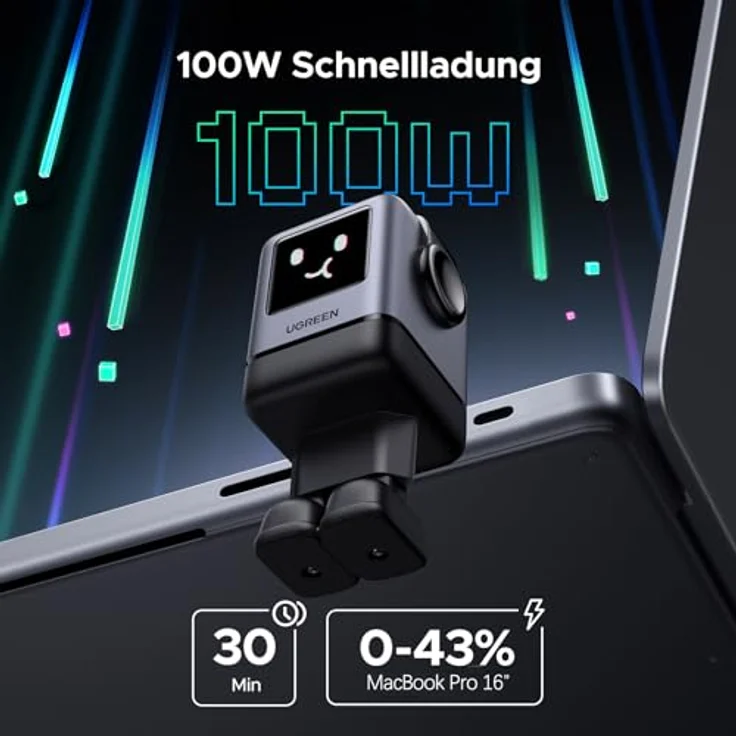 UGREEN UNO USB C Ladegerät 100W GaN Netzteil 4-Port Schnellladegerät LED Display Robot Charger (Schwarz) - Kompatibel mit MacBook Pro/Air, iPad, iPhone 16 Pro Max, 15 Pro, Galaxy S24 Ultra, Steam Deck – Bild 2