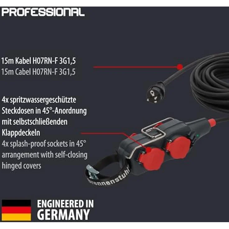Brennenstuhl Professional Powerblock 4-Fach mit 15m Verlängerungsleitung (schwarz, IP54, Baustelleneinsatz) – Bild 2