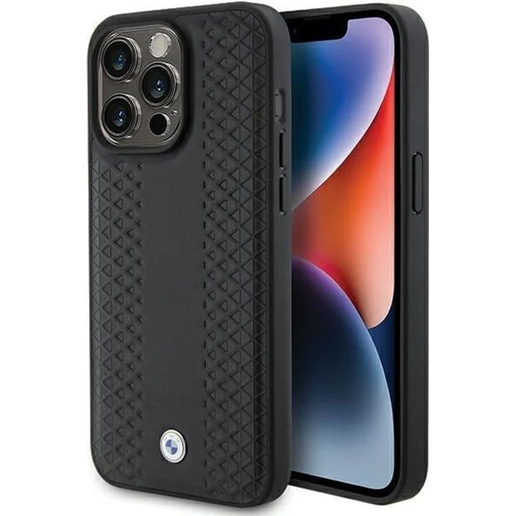 BMW Leather Diamond Pattern Case für iPhone 15 Pro - elegantes, hochwertiges Design in schwarz