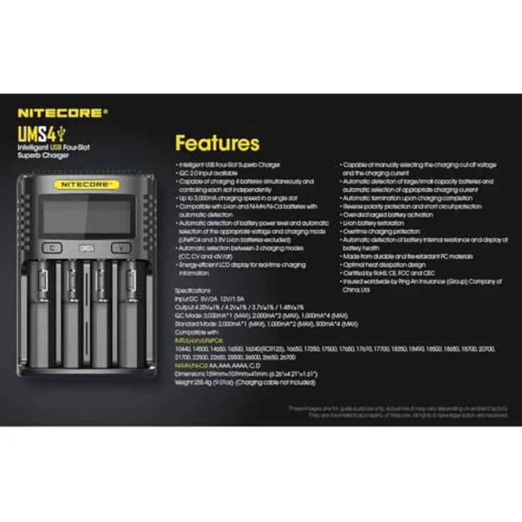 Nitecore Universal Ladegerät UMS4 3000 mA USB Erwachsene Unisex schwarz L 159 x B 107 x H 41 – Bild 5