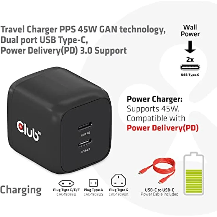 Club 3D CAC-1909EU Reiseladegerät PPS 45W GAN-Technologie, Dualer Anschluss USB Typ-C, Power Delivery(PD) 3.0 Unterstützung – Bild 2