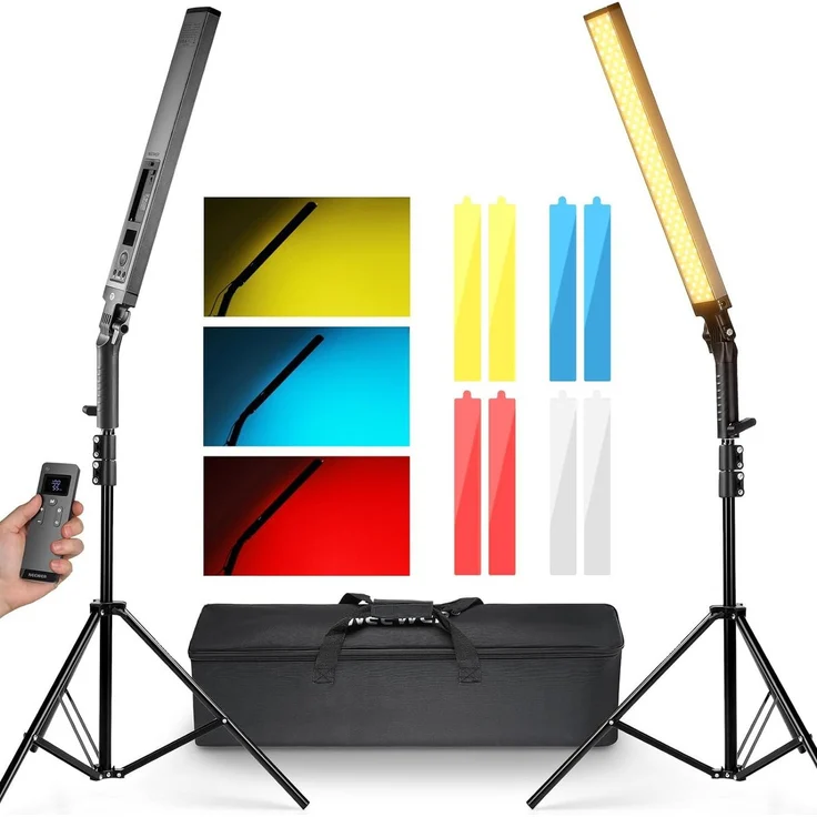 Neewer BH20B LED Videolichtstab, 2,4G Fernbedienungsset mit 210 LEDs, 3200K-5600K Farbtemperatur, 2er Pack mit Farbfiltern und Lichtständern