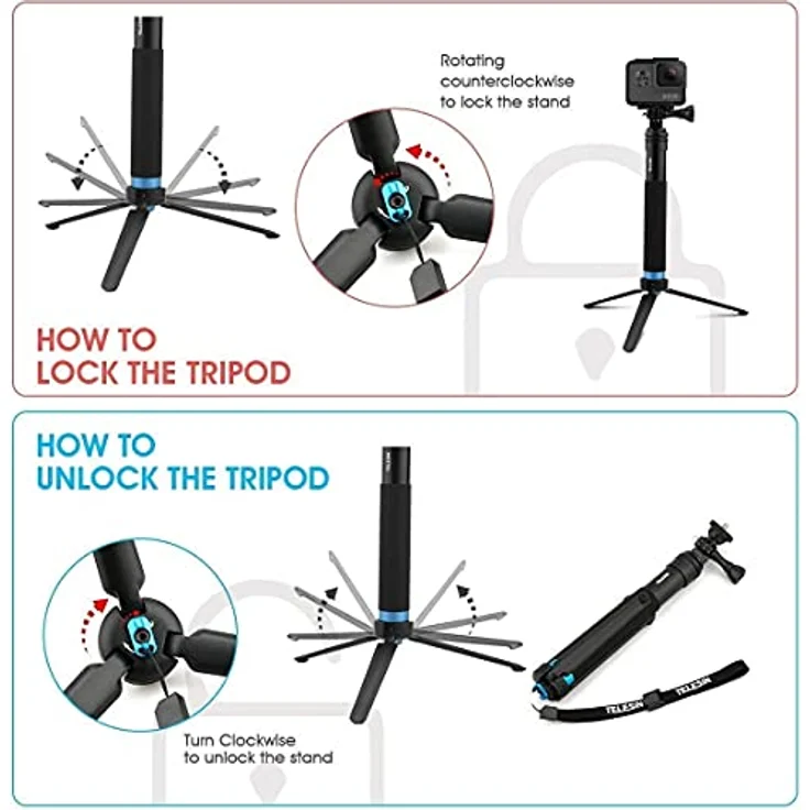 TELESIN GP-MNP-090-S, Selfie Stick / Tripod aus Aluminium für Sportkameras, 20-90 cm einstellbar, 180° drehbar, wasserdicht und korrosionsbeständig – Bild 5
