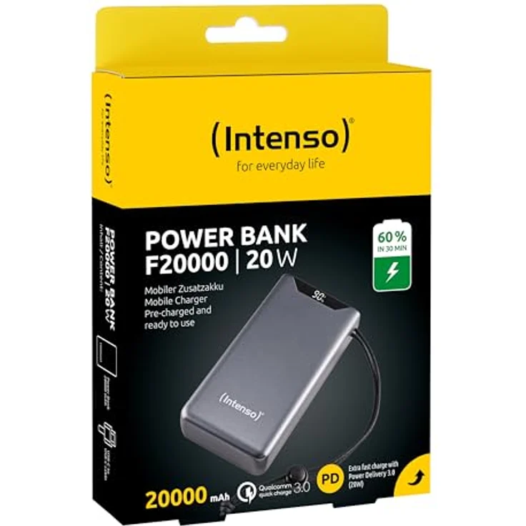 Intenso Powerbank F20000, externer Akku mit PD (20W) & QC (18W), USB-C und USB-A Anschluss, 20000mAh, Grau – Bild 4