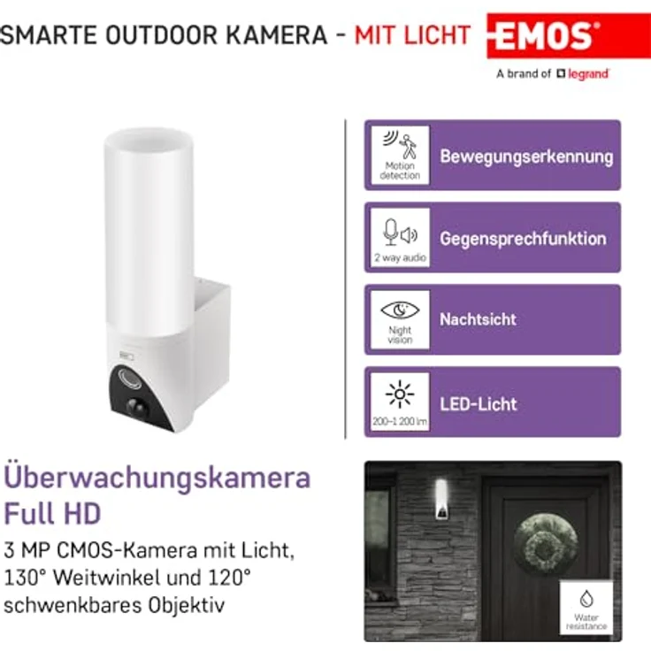 EMOS GoSmart - Smart Home Outdoor Überwachungskamera mit Licht - 3MP Rotierende WLAN IP Kamera - Nachtsicht und Sirene - Google Assistant und Alexa kompatibel - wasserdicht - weiß – Bild 2