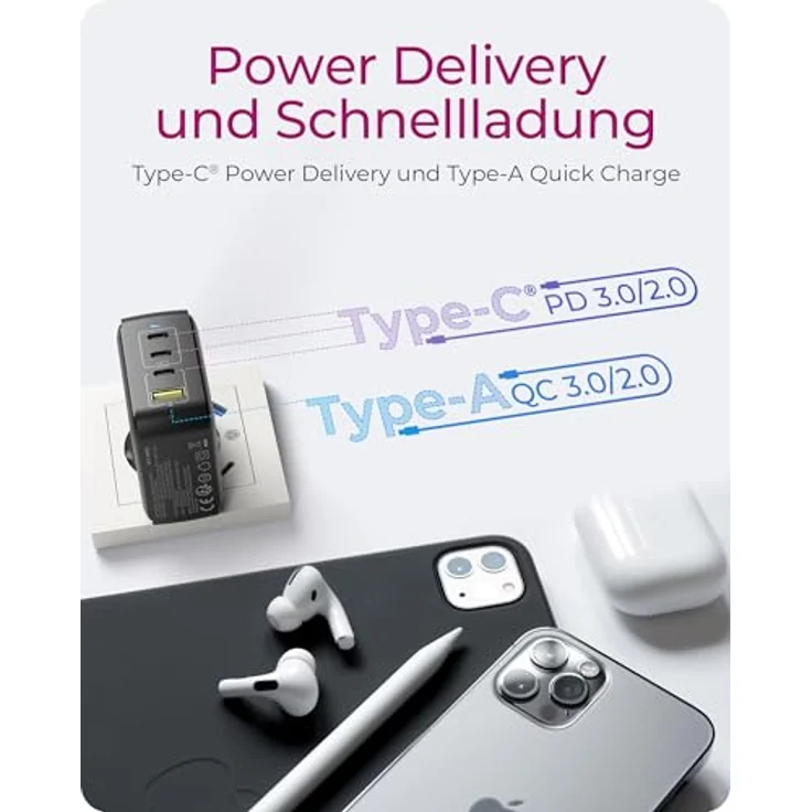 Icy Box IB-PS1040-PD, 100 W GaN Wandladegerät mit 3x USB Type-C und 1x USB Type-A, Schwarz – Bild 7