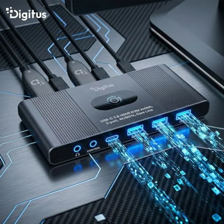 DIGITUS DS-12855, USB-C KVM-Switch für 2 PCs und 1 Monitor, 3x USB-A und 1x Typ-C 5 Gbit/s, HDMI 2.0 UltraHD 4K 60 Hz, 3,5 mm Klinke, kabelgebundene Fernbedienung, grau – Bild 5