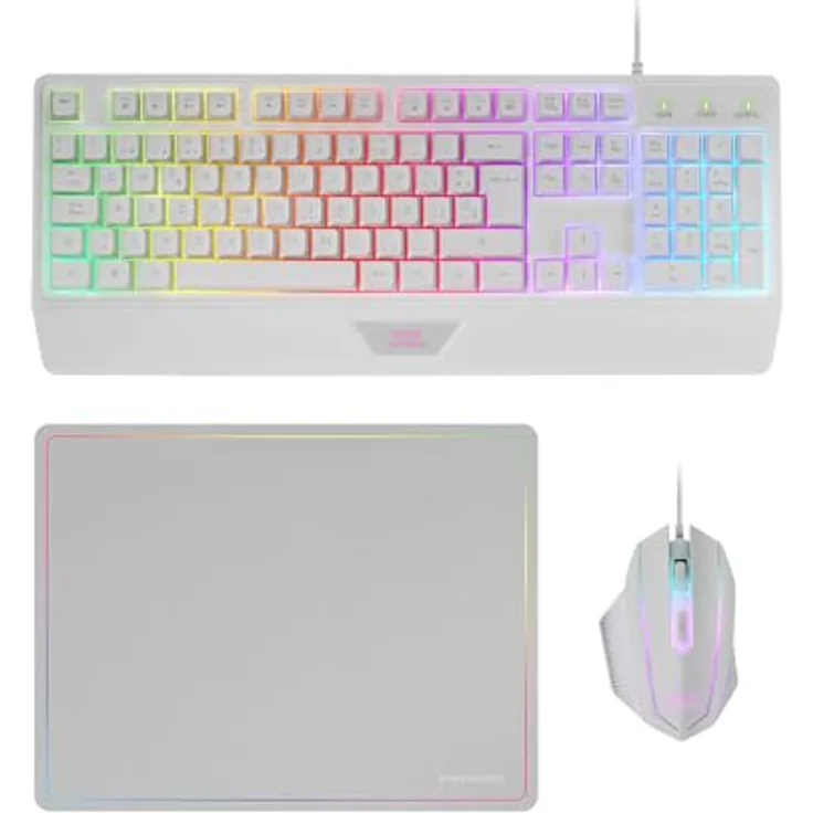 Mars Gaming MCP124, 3in1 Gaming Combo, Ergonomische H-Mech LED RGB Tastatur, RGB Maus 3200DPI HUANO Switches, Nanotextil-Mauspad 360x260mm, Multiplattform-Kompatibilität, Spanisches Layout, Weiß