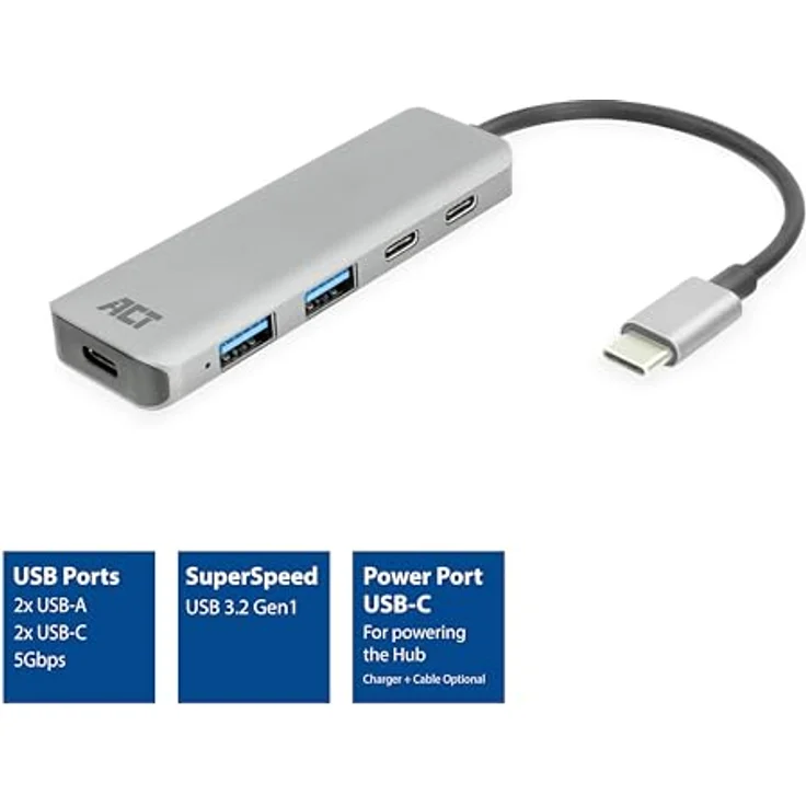 ACT USB C Hub, 4-Port USB 3.0 Hub, 2X USB-C und 2X USB-A, mit Premium Aluminum Gehäuse, Grau - AC7072 – Bild 2