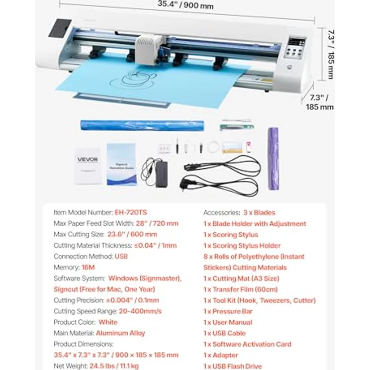 VEVOR Vinylschneider 60 cm, mit automatischer Kantenerkennung, Designsoftware & 2 Klingentypen, kompatibel mit SVG/EPS/PLT, weiß – Bild 7