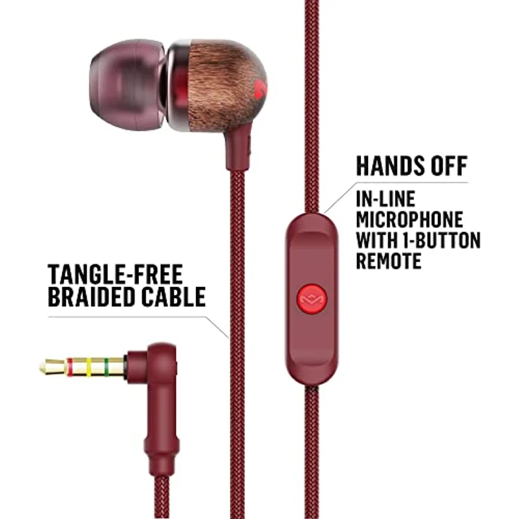 House of Marley Smile Jamaica In-Ear Kopfhörer - 1-Knopf Steuerung, Geräuschisolierung, 9.2mm Treiber, Mikrofon, Gelaufsätze in 2 verschiedenen Größen, verwicklungsfreies Kabel - 31659 rot – Bild 3