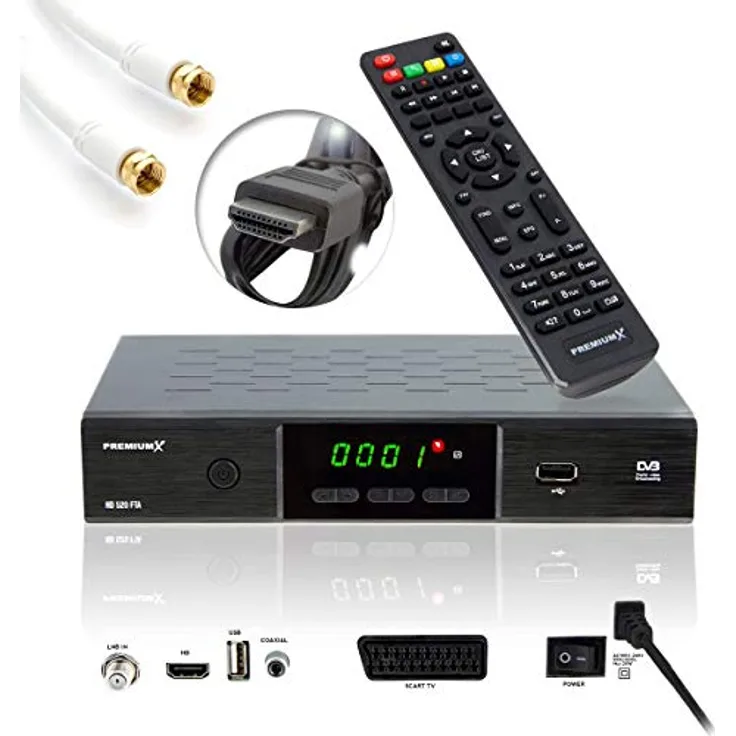 PremiumX HD 520SE-B FTA Digital SAT Receiver, DVB-S2, Full HD, HDMI und SCART, inkl. 7,5m Antennenkabel schwarz