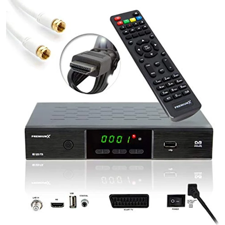 PremiumX HD 520SE-B FTA Digital SAT Receiver, DVB-S2, Full HD, HDMI und SCART, inkl. 7,5m Antennenkabel schwarz – Bild 1