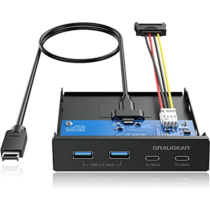 GRAUGEAR | 4 Anschlüsse 10Gbit/s Front-Panel | 2X USB-C+2X USB-A USB3.2 Gen2 HUB | Frontblende für 3,5-Zoll Schacht | USB3.2 Gen2 Key A 20-pin Header | Metall | G-MP02