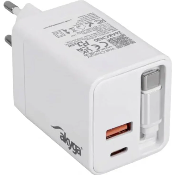 AKYGA AK-CH-30, 65 W USB-C® und USB-A Ladegerät mit integriertem 60 cm Kabel, weiß