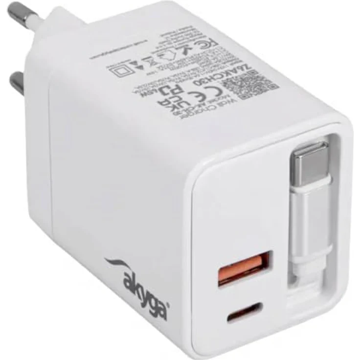 AKYGA AK-CH-30, 65 W USB-C® und USB-A Ladegerät mit integriertem 60 cm Kabel, weiß