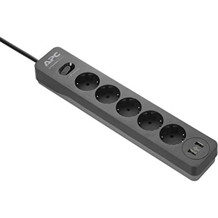APC Surge Protector - PME5U2B-GR - Steckdosenleiste mit Überspannungsschutz (5-fach Stecker Schuko, schaltbar, 2 USB-Ladeausgänge - Farbe: schwarz) – Bild 2