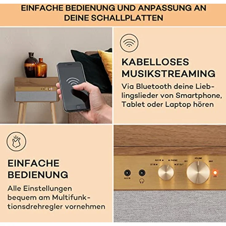 Auna Plattenspieler mit Bluetooth & Standfüßen, Retro-Schallplattenspieler mit rauschfreiem Lautsprecher und Bluetooth-Verbindung, Schwarz – Bild 4