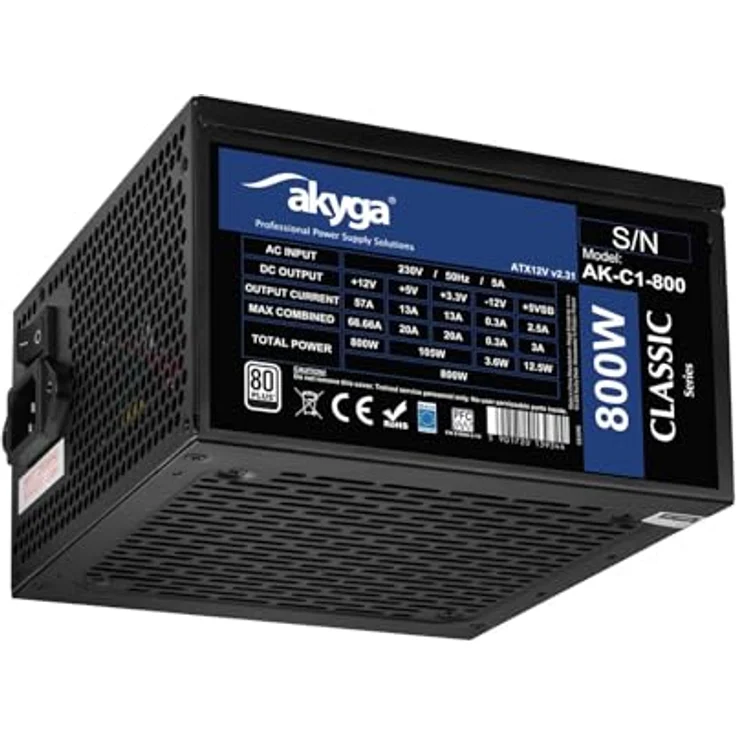 Akyga ATX Netzteil 800W AK-C1-800, 80 Plus, P4+4, 2X PCI-E 6+2 pin, 6X SATA, 3X Molex, leiser 12 cm Lüfter, schwarzes Gehäuse – Bild 1