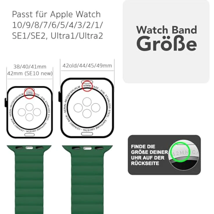 NALIA Core Magnet Armband für Apple Watch Series Ultra/SE/10/9/8/7/6/5/4/3/2/1, Atmungsaktives Silikon Loop, Rillendesign, Farbe: Waldgrün, 42/44/45/46/49mm – Bild 2