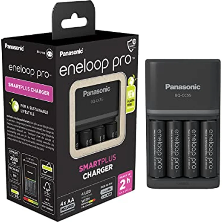 Panasonic eneloop SmartPlus Ladegerät für 1–4 AA/AAA NI-MH-Akkus, mit 4 LED-Anzeigen und 10 Sicherheitsfunktionen, inkl. AA/Mignon-Akkus, min. 2500 mAh, schwarz, 52055E40 – Bild 1