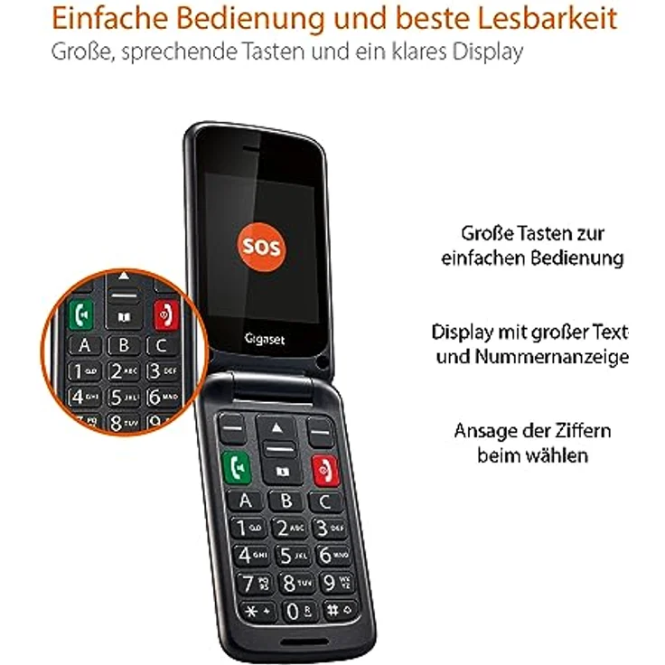 Gigaset GL590 GSM - Senioren GSM Handy Aufklappbar - SOS-Funktion - einfache Bedienung mit 2,8" Farbdisplay - Hörgerätkompatibel, Mobiltelefon 32MB Speicher - Vertragsfrei, schwarz – Bild 3
