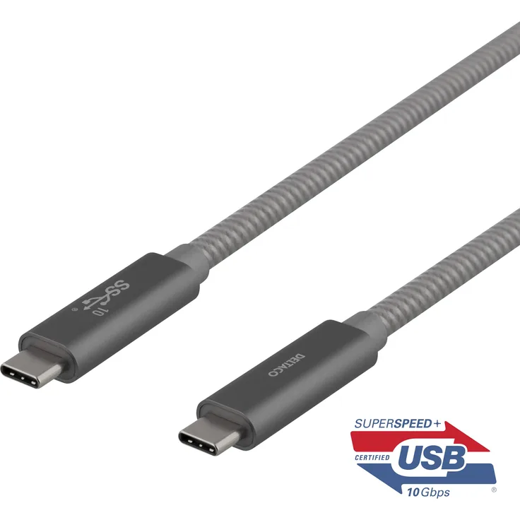 Deltaco USB-C Kabel „SuperSpeed“, 1 m, USB 3.2 Gen 2, 10 Gbps, 100 W, grau