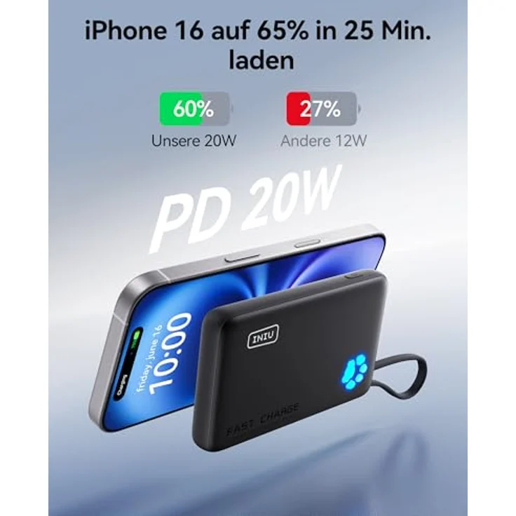 INIU Power Bank, Minigröße 20W 10000mAh PowerBank mit Integriertem USB-C Kabel, PD3.0 QC4.0 USB C In&Out, Externer Handyakku für iPhone 16 15 14 13 12 Pro Max Mini Samsung S23 iPad – Bild 3