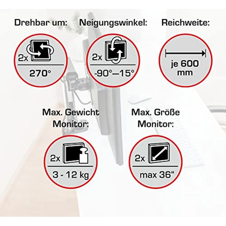 Vantage Premium Duo Monitor Halterung (VESA 75 & 100, 2X 2-9 kg, für 17-32 Zoll Bildschirme, mit Gasdruckfeder, drehbar, neigbar, schwenkbar) schwarz – Bild 5
