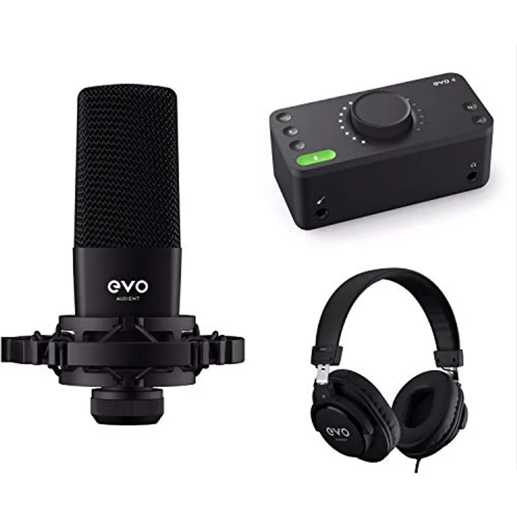 EVO Start Recording Bundle (Audiointerface EVO 4, Großmembrankondensatormikrofon SR1, geschlossene Studiokopfhörer SR2000, eine Mikrofonspinne sowie ein XLR Anschlusskabel), Schwarz