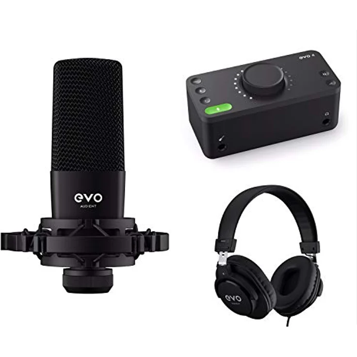 EVO Start Recording Bundle (Audiointerface EVO 4, Großmembrankondensatormikrofon SR1, geschlossene Studiokopfhörer SR2000, eine Mikrofonspinne sowie ein XLR Anschlusskabel), Schwarz – Bild 1