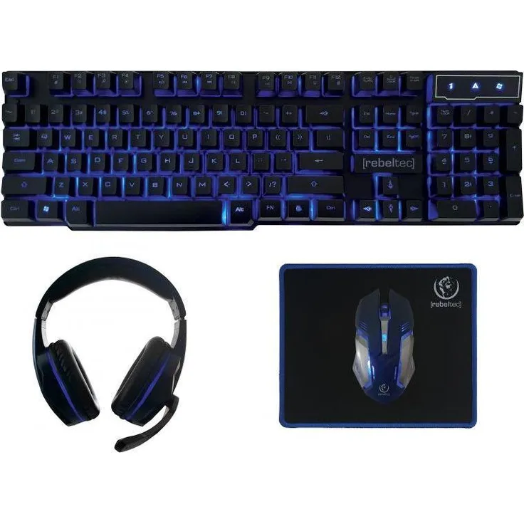 Rebeltec SHERMAN, Kabelgebundene QWERTY-Tastatur und Maus-Set, Beleuchtet Blau, Volle Größe (100%), Schwarz