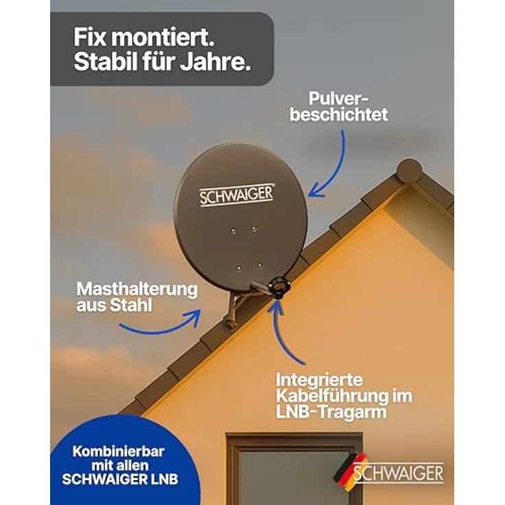 SCHWAIGER Satellitenschüssel Ø 80 cm, Wetterfeste Offset Antenne in anthrazit, Multifeed geeignet mit LNB Tragarm & Masthalterung, maximale Empfangsleistung 38,5 dB – Bild 5