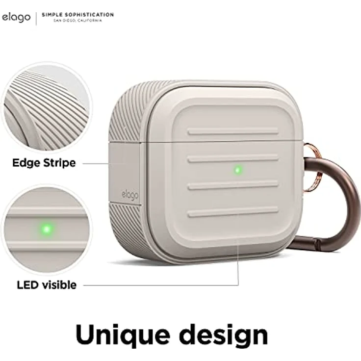 elago Schutzhülle mit Schlüsselanhänger, kompatibel mit AirPods 3 – unterstützt kabelloses Wiederaufladen, stoßfest und bietet umfassenden Schutz (Stone) – Bild 3