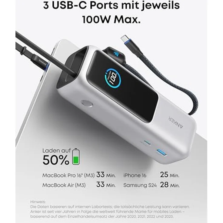 Anker Laptop Powerbank, 25.000mAh externer Akku mit 3X 100W USB-C Ports, Integriertes + einziehbares Kabel, Für iPhone 16/15, MacBook, Samsung - Schwarz – Bild 2