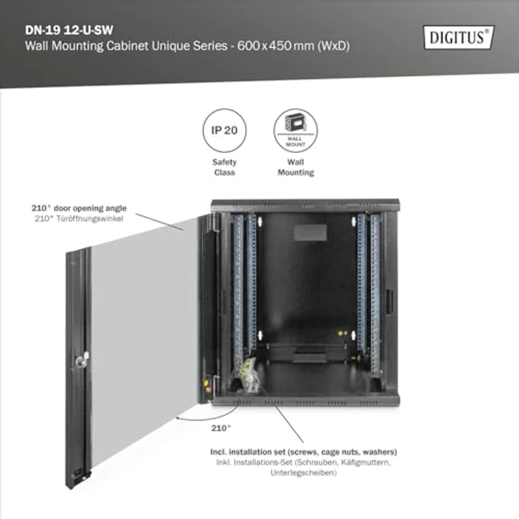 DIGITUS Netzwerk-Schrank 19 zoll 12 HE - Wandmontage - 450 mm Tiefe - Traglast 100 kg - Unique Serie - Glastür - Schwarz – Bild 4