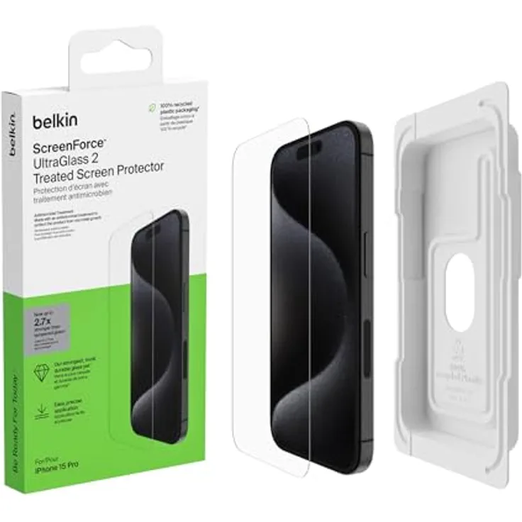 Belkin ScreenForce UltraGlass 2 antimikrobielle iPhone 15 Pro Display-Schutzfolie, kratzfest, dünnes Glas, in Tests bestätigter Härtegrad 9H, mit Positionierungsschale zur blasenfreien Anbringung