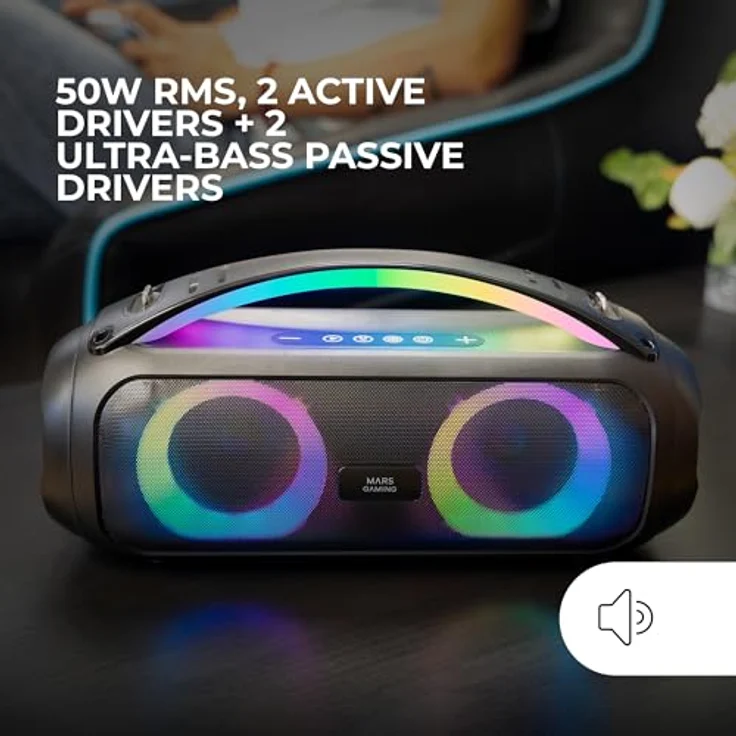 Mars Gaming MS-Pulse, Tragbarer Bluetooth-Lautsprecher mit 50W RMS, RGB-Beleuchtung, 4 Treiber (2 aktive, 2 Passiv), Freisprechfunktion, USB/MicroSD/AUX/FM, Schwarz – Bild 2
