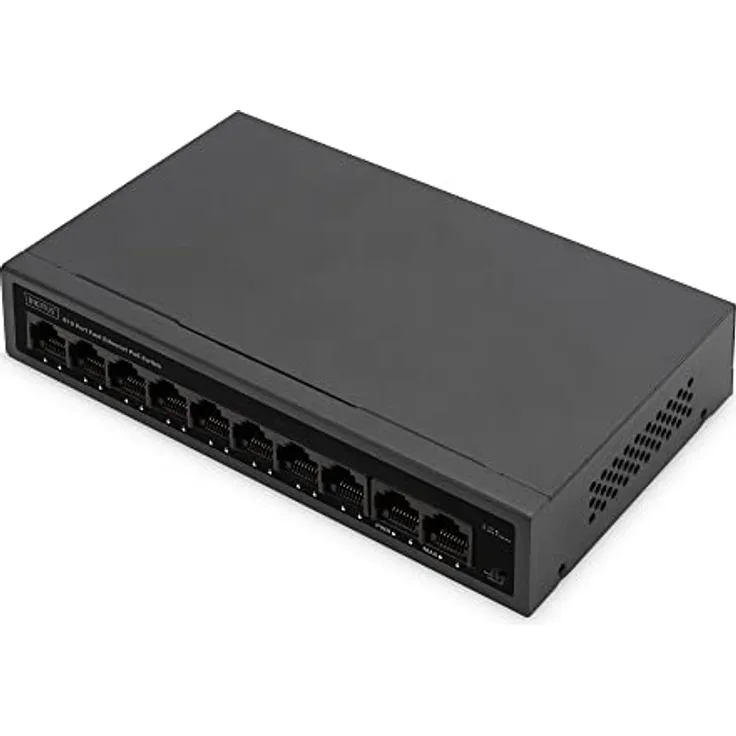 DIGITUS 10 Port Fast Ethernet PoE Switch - Unmanaged - 8 RJ45 PoE Ports + 2 RJ45 Ports - 60W PoE-Budget - CCTV-Modus - 10/100 Mbps - schwarz