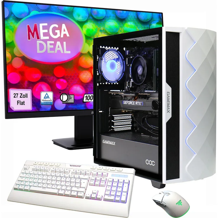 GameMax GAMEMAX Gaming-PC Diamond WT MegaDeal SET mit Ryzen 7 5700X, 16GB RAM, 1TB SSD, RTX 5060 und 27" MSI PRO MP273A Monitor